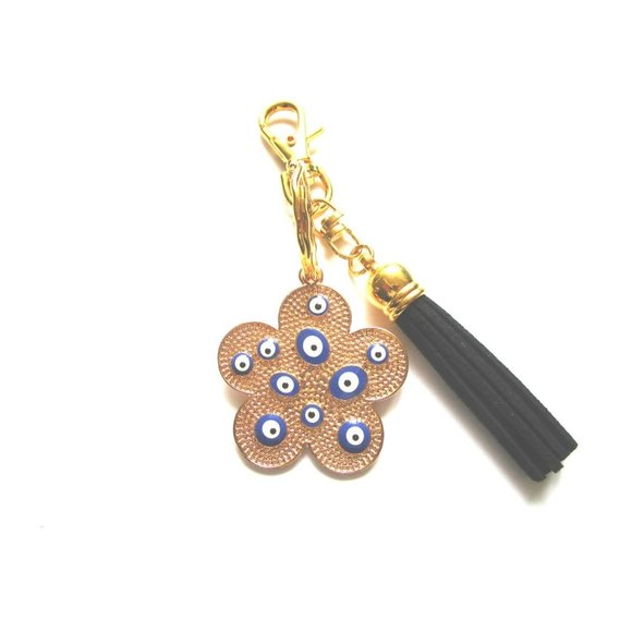 Gold tone blue evil eye flower charm key chain black leather tassel purse charm - Picture 5 of 10